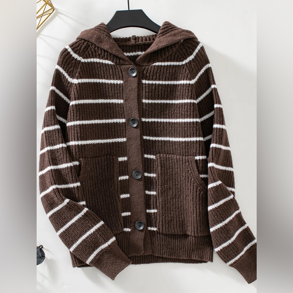 Striped Button Up Long Sleeve Hooded Cardigan - Picture 7 of 7